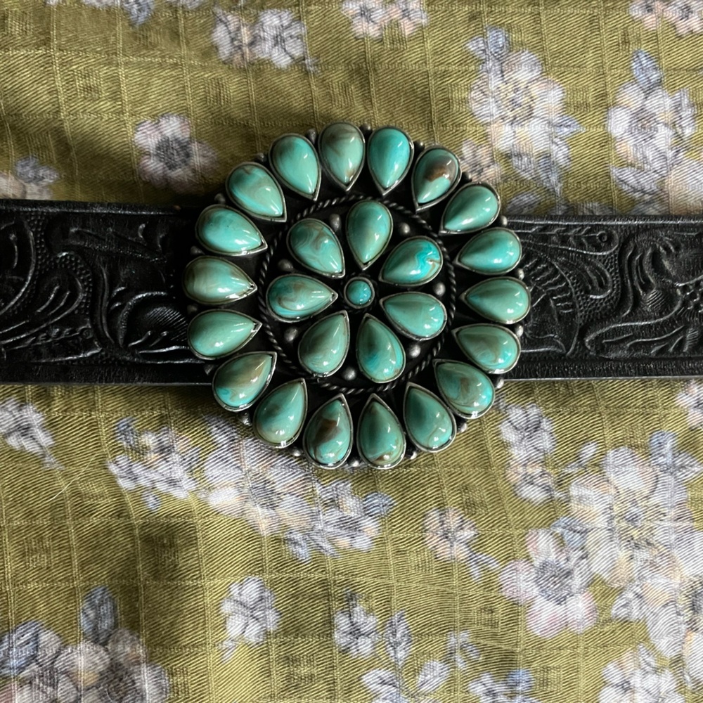 Double Ranch Tooled Black belt & turquoise (imitation) - Picture 3 of 10